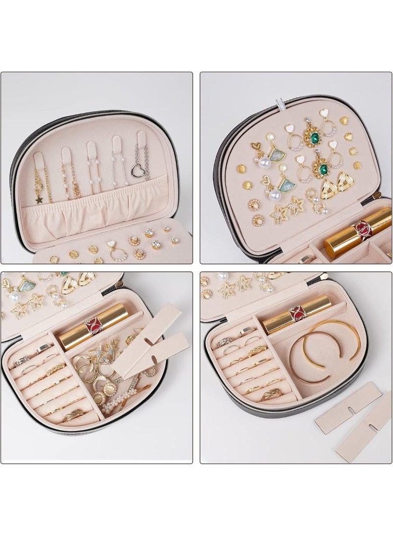 Soofam Travel Jewelry Box Storage Case, Small Portable Seashell-Shaped Jewelry Case, 2 Layer Mini Jewelry Organizer in PU Leather for Women -Black - Image 3
